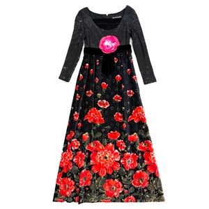 Vintage Montaldo’s Gown Dress 60s-70s Sequin Long Sleeve Velvet Poppy Floral